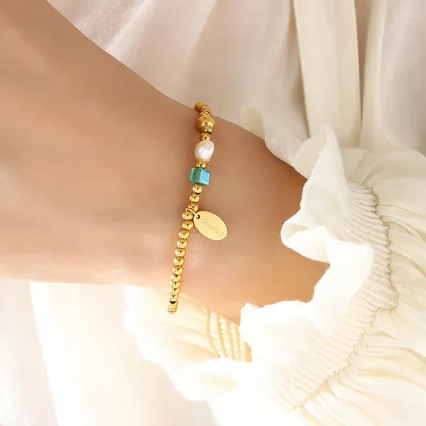 Charm-Armbänder aus 18 Karat vergoldetem Edelstahl mit Perlen, natürlicher Perle, Stretch-Armband für Damen, wasserdicht