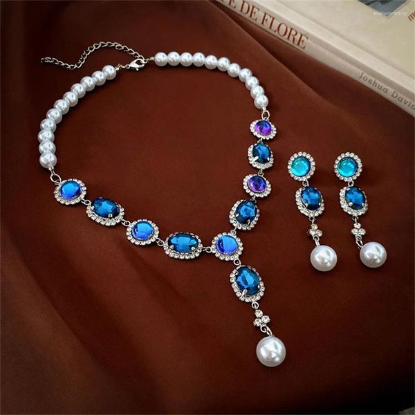 Halskette Ohrringe Set Vintage-Schmuck für Frauen Hochzeitsaccessoires Elegante Perle Titanic Blaues Glas Abendkleid Dekorationen