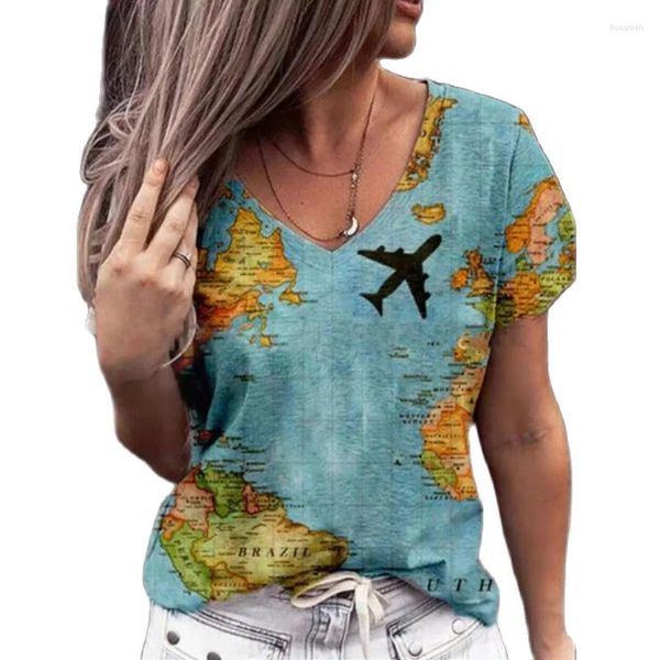 Damen T-Shirts Übergroße Sommer Damen Tops Lose Plus Size Freizeithemd Frauen Kurzarm V-Ausschnitt 3D-Kartendruck T-Shirts 2023 Fashion Tees