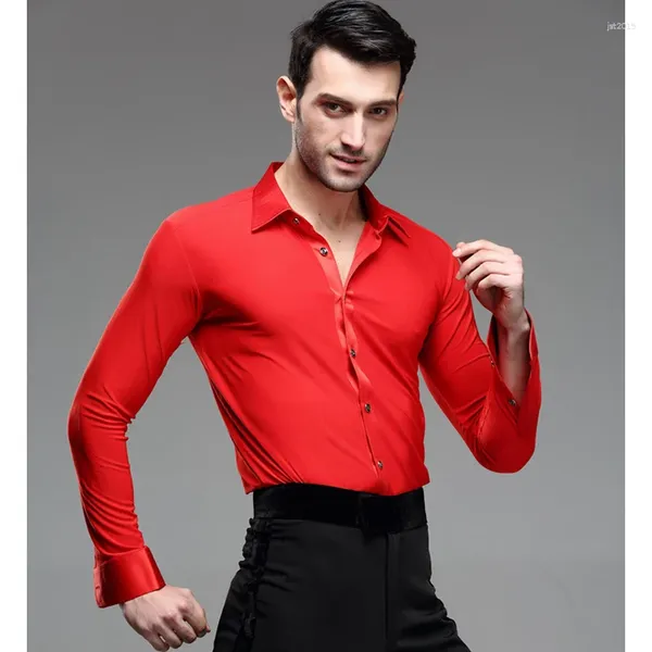 Abbigliamento da palco Camicia da uomo rossa da ballo latina Camicia da ballo per adulti a maniche lunghe Jazz Tango Rumba Samba Danza moderna Salsa Top