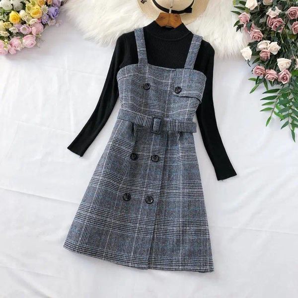 Arbeitskleider Herbst Winter Plaid Woolen Zweiteiliges Kleid Set Damen Stilvoller Pullover Zweireiher Spaghettiträger Midi Outfits
