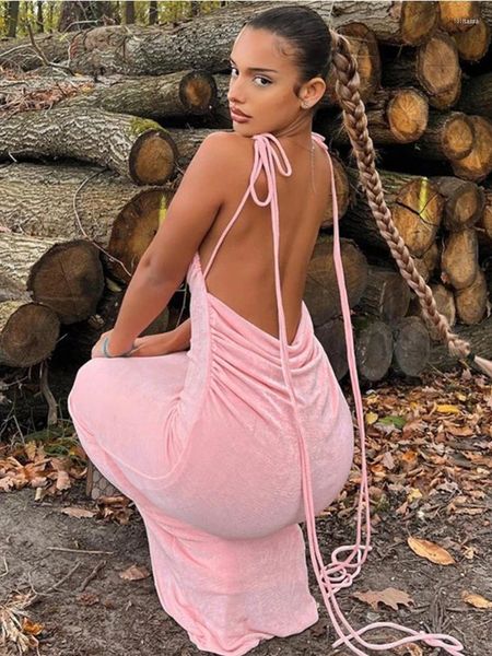 Lässige Kleider Mode rückenfreies Maxikleid für Frauen 2023 Sexy rosa Spaghettibügel Slim Long Club Party Strand Sommer schwarze Outfits