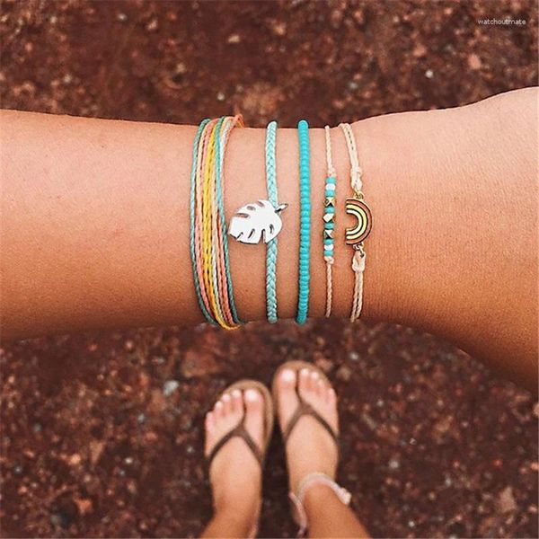 Link Armbänder Böhmische Mode Persönlichkeit Handgewebte Set Armband Blätter Regenbogen Perlen Farbe Stein Damen Schmuck Großhandel