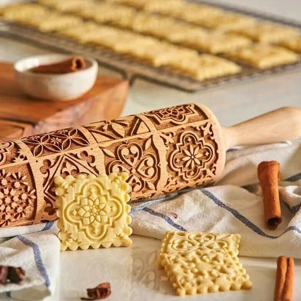 Rouleaux à pâtisserie planches à pâtisserie motif exquis rouleau à pâtisserie en bois gaufrage outils de cuisson biscuits grille moule pâte renne gravé carré U4X8 231216