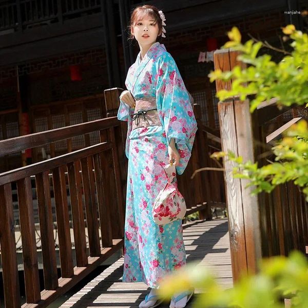 Roupas étnicas Kimonos para Mulheres Japonês Tradicional Roupão Robe Azul Impressão Pogal Cosplay Geisha Asiático Streetwear Moda