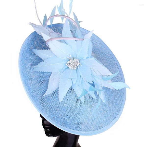 Berets Nachahmung Hellblau Fascinator Hut Damen Elegante Hochzeit Event Kopfbedeckung Ausgefallene Feder Haarschmuck Party Kopfbedeckung