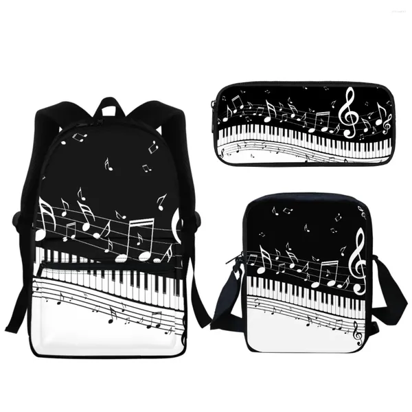 Sacos escolares Moda Piano Notas de Música Padrão 3-Pack Mochila Meninas Meninos Saco Primário Grande Zíper Almoço Satchel Lápis Caso