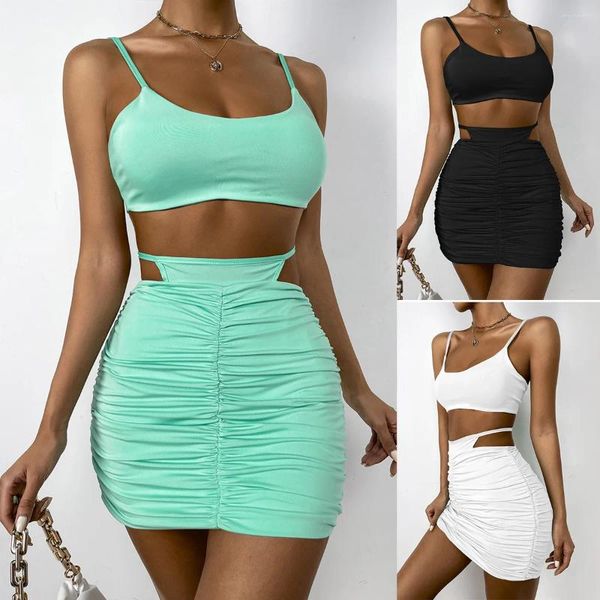 Vestidos de trabalho 2023 verão EUA Sexy Strap Tank Top Duas peças Amazon Cross Border Mulheres Lace Up Plissado Envoltório Hip Saia