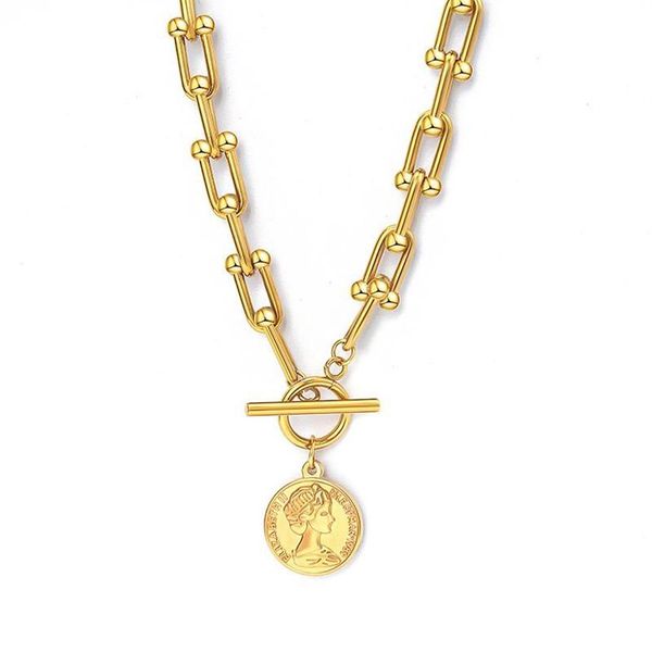 Collana con medaglia in acciaio inossidabile con medaglia Toggle per donna Collana con pendente pesante in metallo color argento oro Collana girocollo Collier271q