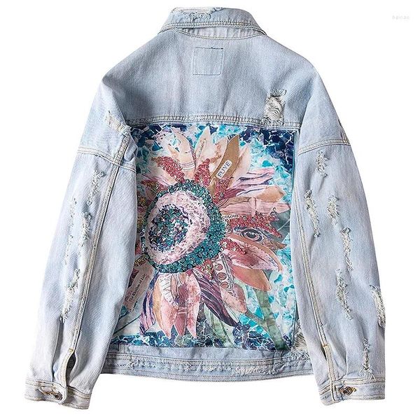 Damenjacken, modisch, für Damen, Denim, lässig, lange Ärmel, Vintage-Sonnenblumen-Diamanten, ausgefranste Loch-Tops, Jeansjacke, hellblaue, lockere Mäntel