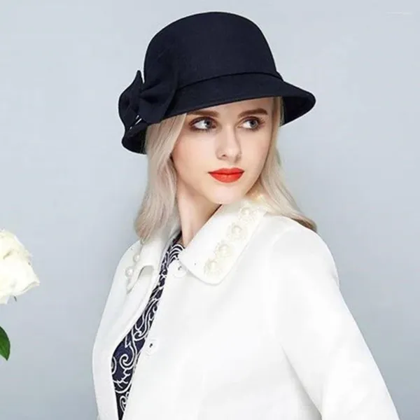 Berets feminino lã fedora chapéu bacia britânica outono inverno elegante casamento arco topo retro cor sólida orelha mais quente balde bonés