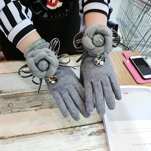 Fünf Fingerhandschuhe Kaschmir Kamelie Bowknot Kaninchenfell Ball Damenmode Koreanische Version Warm Touch Screen Winter A423 231216