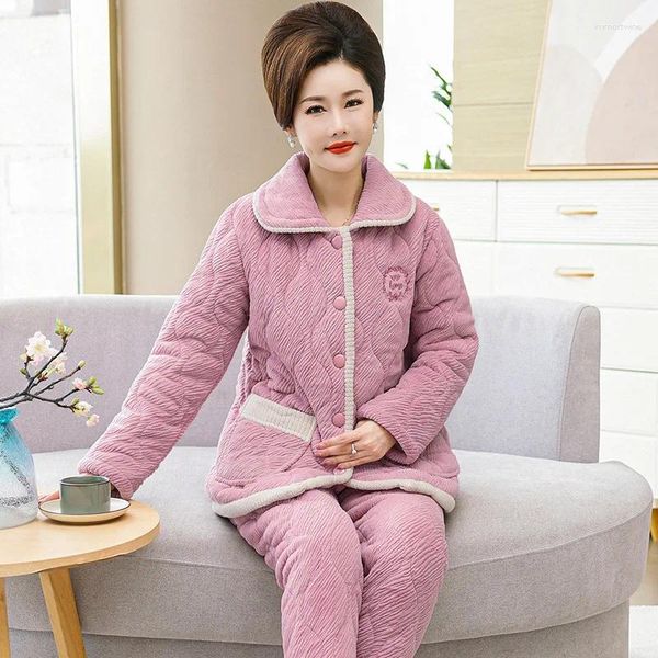 Pijamas femininos pijamas para mulheres no outono e inverno engrossado veludo de leite com algodão casual quente de meia-idade casa de mães idosas