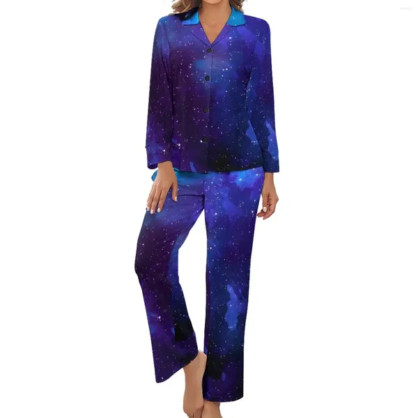 Pijamas femininos azul galáxia pijama feminino colorido impressão suave outono mangas compridas duas peças casual v pescoço conjunto personalizado