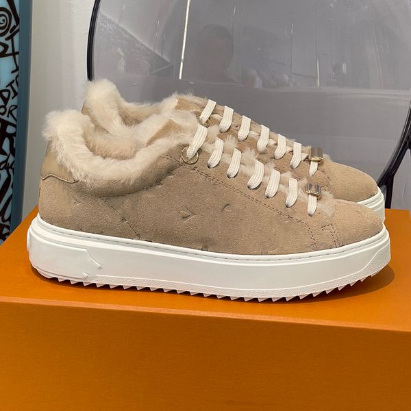 Designer-Freizeitschuhe, Winterschuh, Gämse, geprägtes Leder, Damenschuhe, Plateau-Sneaker mit Wollschnürung, rutschfeste Modeschuhe für draußen