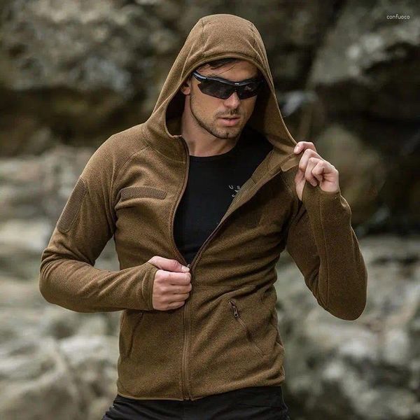 Chaquetas de caza para hombre, sudaderas con capucha de lana ajustadas a la moda de parches lisos con cremallera, cárdigans, chaqueta para acampar al aire libre, suéter para senderismo