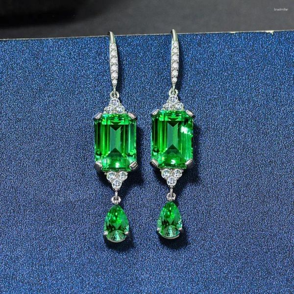 Brincos de pino verde esmeralda S925 moda feminina geométrica retro luz luxo prata
