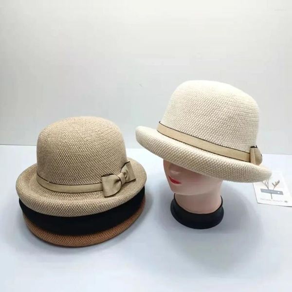 Berets Schöne Fedoras für Frau Modischer Hut mit gewelltem Rand, Schleife, Band, Ornament, Frühling und Herbst, bequem