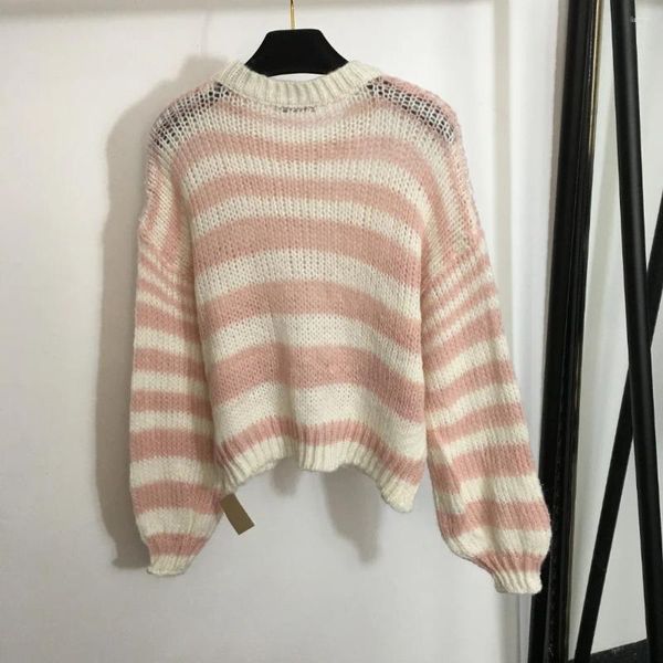 Suéteres de mujer 2023 otoño mujeres sueltas mohair suéter ahuecado con dulce contraste rayas prendas de punto moda dopamina