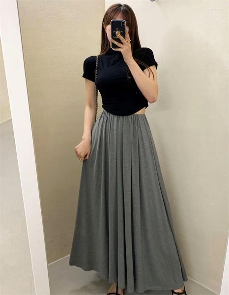 İş Elbiseleri Koreli 2 Parça Set Zarif Kadın Moda Siyah Örme Kısa Kollu T-Shirt Üst Gri Yüksek Bel İnce A-Line Uzun Etek