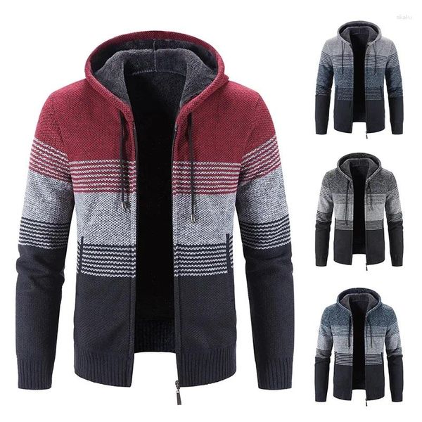 Jaquetas masculinas outono inverno hoodie homens camisola casaco lã quente coreano listrado elegante com capuz cardigan masculino outwear