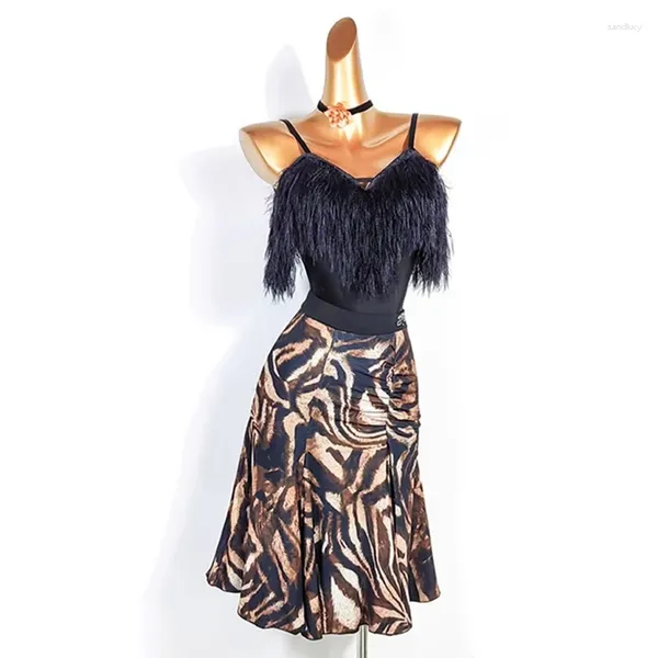 Palco desgaste traje de dança latina pena bodysuit leopardo saia tango desempenho roupas adulto mulheres chacha outfit vdb7838