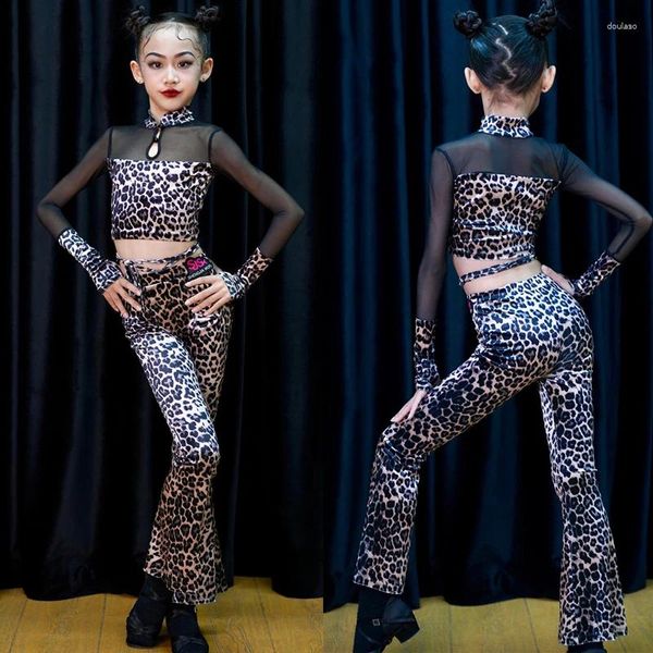 Palco desgaste 2023 trajes de dança latina para meninas veludo leopardo padrão flare calças terno chacha rumba tango vestido roupas dn16904