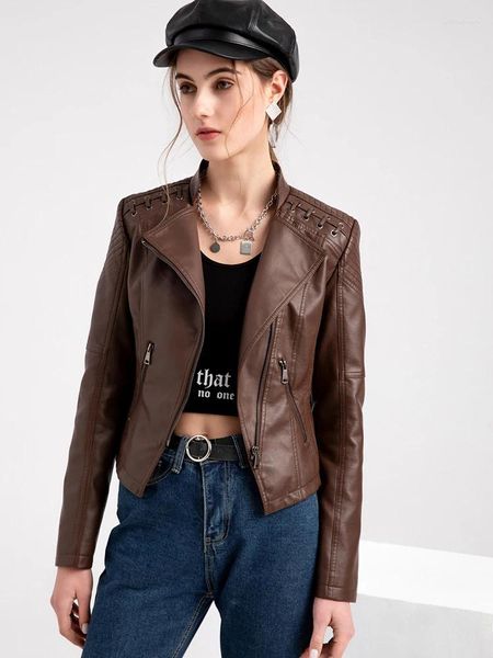 Jaquetas femininas Fitshinling PU Faux Leather Jacket Mulheres Zipper Slim Vintage Curto Casacos Mulher Inverno 2023 Turn-Down Collar Overcoat Moda