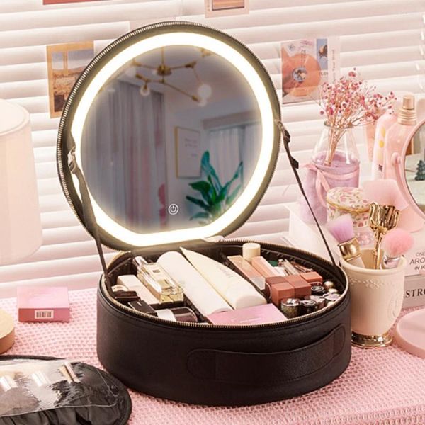 Make-up-Pinsel, runder Damen-Kulturbeutel mit Spiegel, LED-Licht, Damen-Make-up-Beutel, tragbar, wasserdicht, großes Fassungsvermögen, Aufbewahrungsbox aus PU-Leder