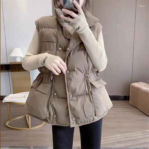 Gilet da donna Giacca invernale Canotte gonfiabili calde Canotte senza maniche solide Giubbotto corto per il tempo libero Parka vintage Nero Cachi Capispalla femminile