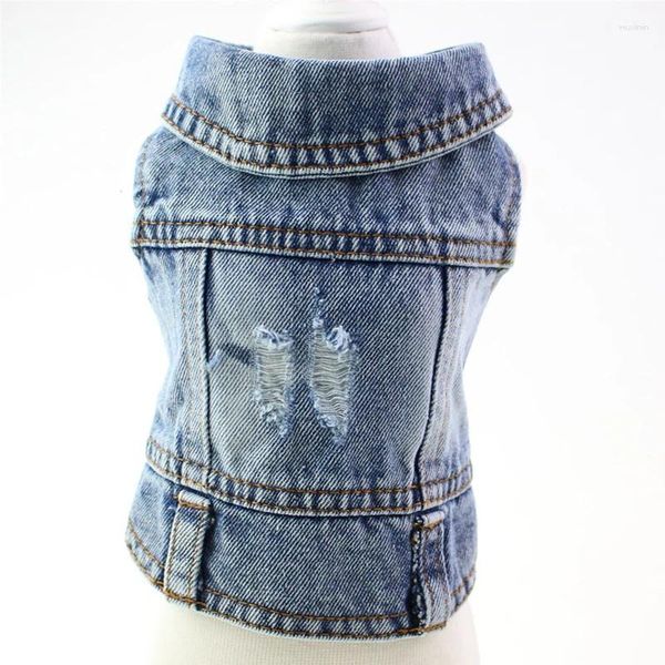 Hundebekleidung Coole Jeansjacke, blauer Vintage-Jeansmantel mit ausgewaschenem Lochdesign für kleine und mittelgroße Hunde, Cowboy-T-Shirt, Welpen-Haustierkostüm