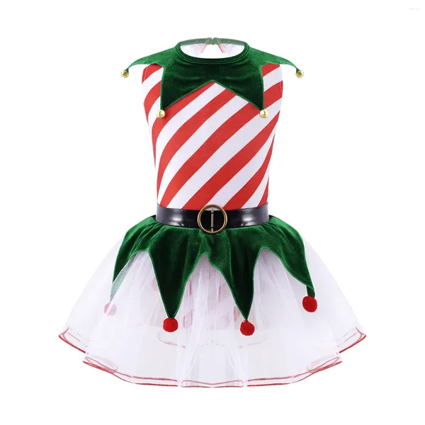 Mädchen Kleider Kinder Mädchen Elf Weihnachtskostüm Weihnachten Jahr Karneval Party Tanz Performance Ärmelloses Streifen Mesh Tutu Kleid mit Glocken