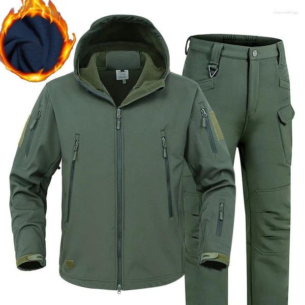 Homens Tracksuits Inverno Caça Tático Homens Define Pelúcia Grosso Militar Térmico Casaco Quente Casacos Calças de Mergulho Terno com Capuz Camou Caminhadas