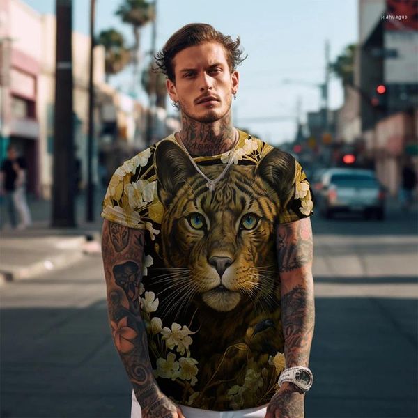 Camiseta masculina leopardo impressão 3d -camisa rua moda de manga curta solta casual -camisas verão em torno do pescoço