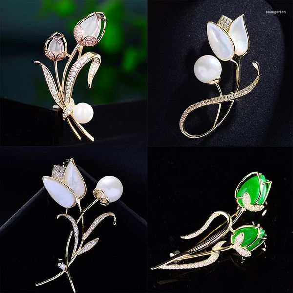 Broches coreano moda zircão tulipa broche criativo temperamento planta roupas pino opala flor para acessórios femininos jóias