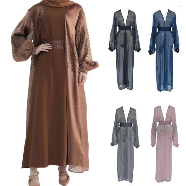 Roupas étnicas Mulheres Muçulmanas Aberto Abaya Brilhante Verão Puff Manga Maxi Vestido Turquia Kimono Islam Árabe Robe Dubai Femme Musulmane Jalabiya