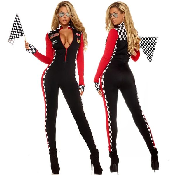 Set sexy Lady Race Car Driver Costumi Maniche lunghe Racer Girl Uniforme con bandiere Tuta da corsa Cosplay Costume di Halloween 231216