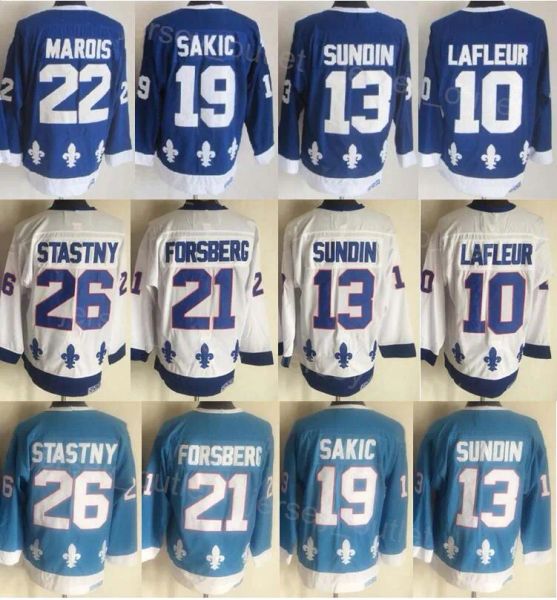 Männer Retro Hockey 13 Mats Sundin Jersey Vintage Classic 19 Joe Sakic 21 Peter Forsberg 26 Peter Stastny 10 Guy Lafleur Marineblau Weiß Team E 34