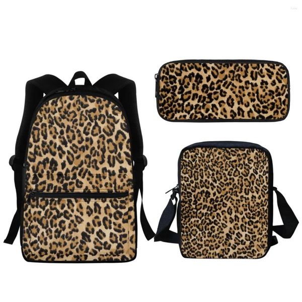 Borse da scuola 3 pezzi Zaino per bambini Moda Leopard Stampa 3D Tasca con cerniera Borsa per studenti Ragazzi Ragazze Astucci per matite Casual Messenger Regalo