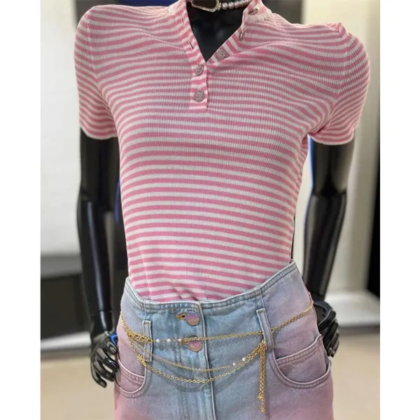 2024 Stilista Primavera Estate Casual monopetto T-shirt da donna O-Collo manica corta a righe in maglia con paillettes Top con bottoni