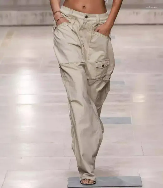Женские джинсы, женские белые джинсовые брюки с большими карманами, высокой талией и широкими штанинами, модные брюки-карго, 2024