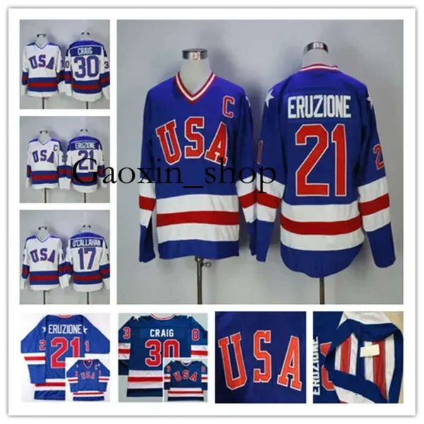 Gaoxin 1980 Man Retro USA Eishockey-Trikots 17 Jack Ocallahan 21 Mike Eruzione 30 Jim Craig Farbe Blau Weiß Ed Laufuniformen