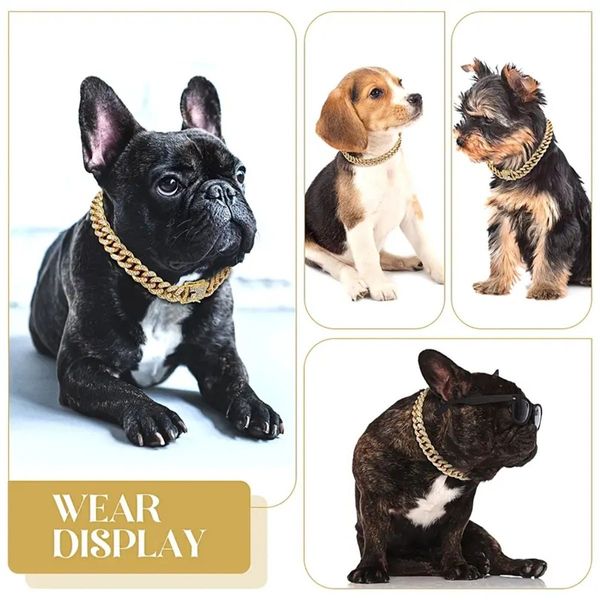 YUEXUAN Design Luxuriöses Diamant-Halsband für Hunde und Katzen mit kubanischer Kette und sicherer Schnalle, Haustier-Halskette, Schmuck, Gold, starkes Edelstahl-Zubehör für kleine bis große Hunde und Katzen