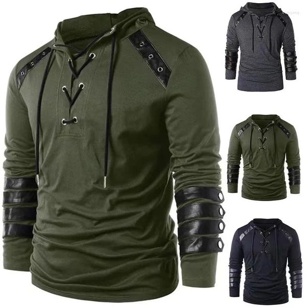 Camicie casual da uomo T-shirt medievale da uomo adulto Felpa Steampunk gotica Felpa con lacci Manica lunga Pullover con cappuccio T-shirt Halloween Top Chemise