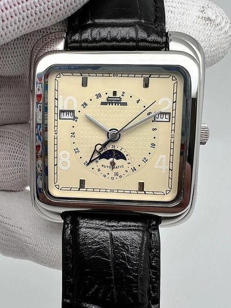 Relógios de pulso Vintage Pequim Relógio Automático Homens Luxo Fase da Lua Relógios Antigo Multifuncional Mecânico 38mm Relógio Retângulo