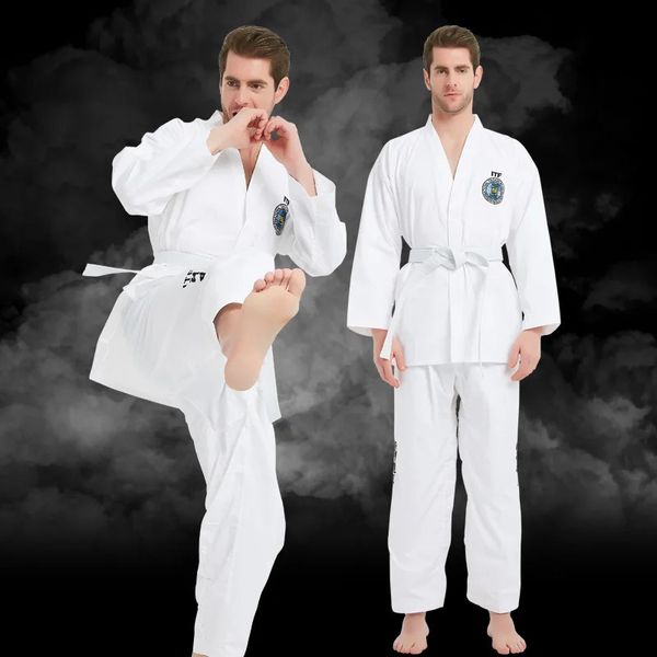 Arti marziali ITF Approva Professiona Uniforme bianca Taekwondo Studente Doboks Abito Kimono Arti marziali Taekwondo Abbigliamento Manica lunga Fitness G 231216