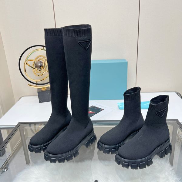 Designer Women Boots Sock Boots Couro Chelsea coxa Tornozelo Botas de luxo