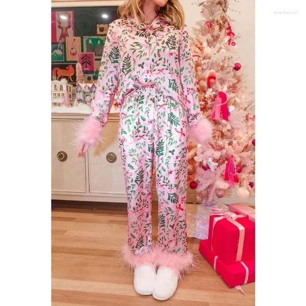 Kadın pijama zarif saten iki parçalı set uzun kollu üst pantolon ev kıyafetleri salon giyim nightwear kadınlar Noel pijamaları