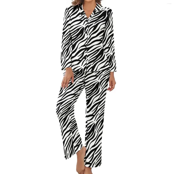 Damen-Nachtwäsche, Schwarz-Weiß-Zebra-Pyjama, täglich, 2-teilig, Streifen-Druck, süße Pyjama-Sets, Damen-Langarm-V-Ausschnitt, Freizeit-Grafik