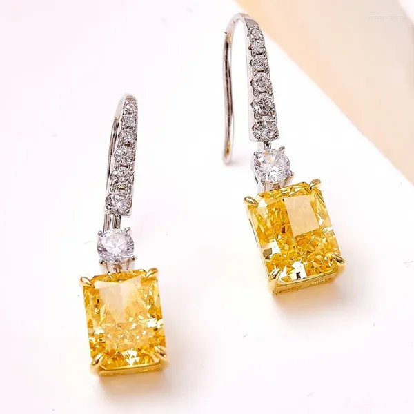 Orecchini pendenti Incredibile moda di alta qualità S925 argento sterling brillante cristallo giallo naturale 3CT 7X9 gioielli in pietra quadrata da donna